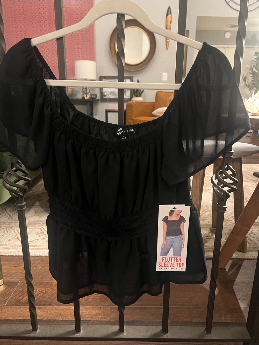 Celebrity Pink Black Flutter Sleeve Blouse